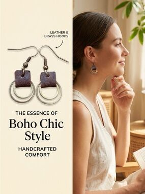Boho Leather and hoop earring, lightweight  everyday outfit. rustic style